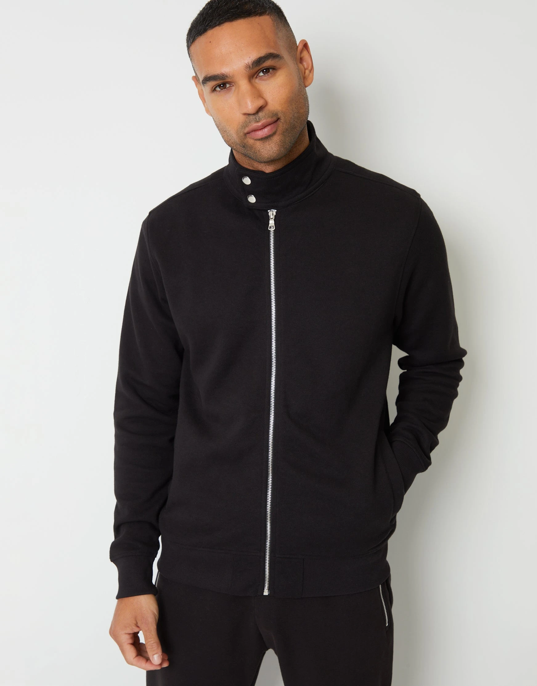 Men's Black Pique Zip Up Popper Collar Sweatshirt