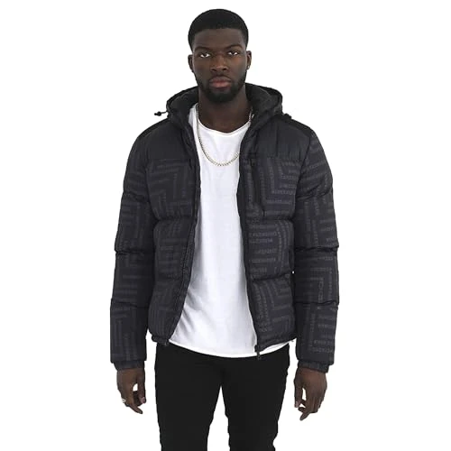 Mens Black Puffer Jacket With Hood Zip Pocket Long Sleeve Quilted Padded Jacket for Men, Size- L