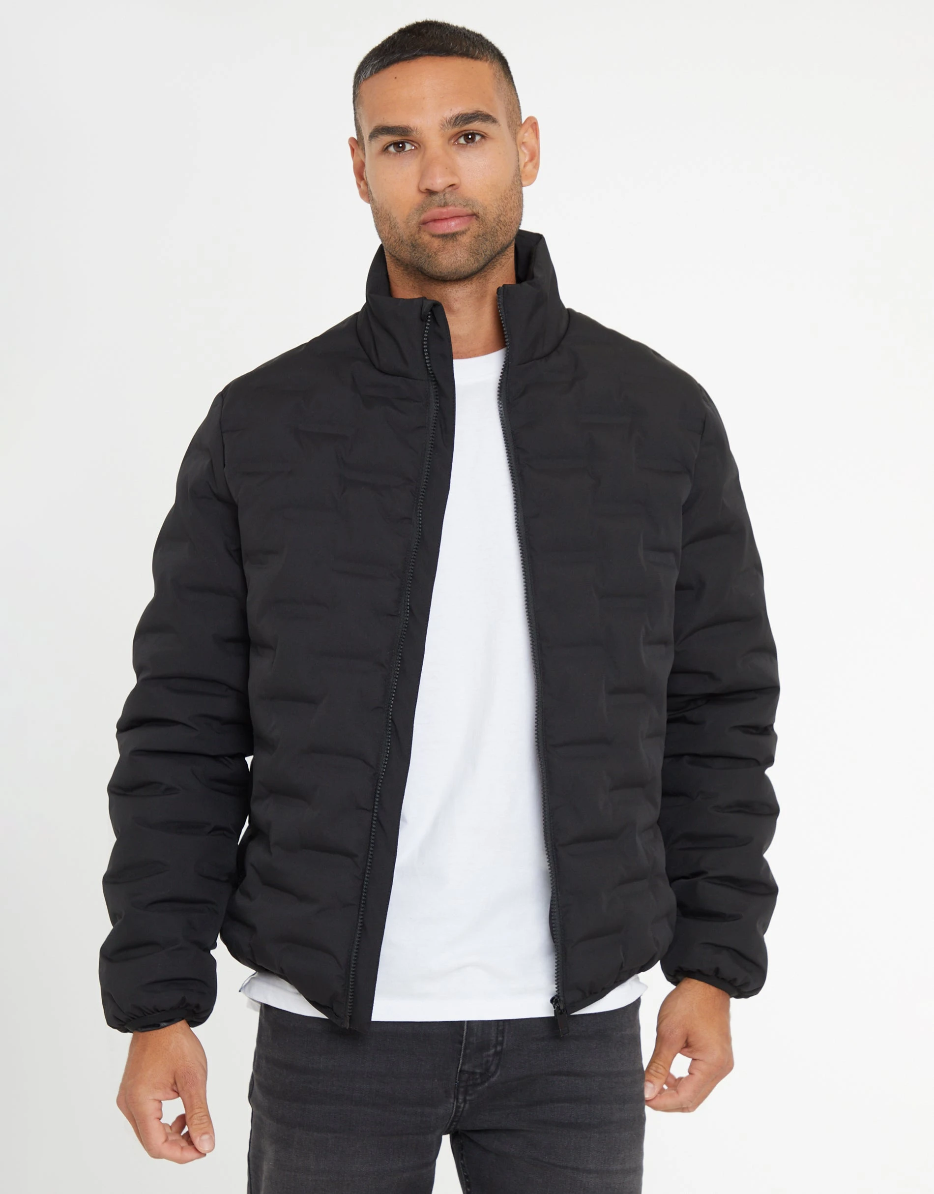 Men's Black Quilted Funnel Neck Jacket