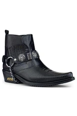 Mens Black Real Leather Goth Cowboy Riding Ankle Boots Chain Western Cuban Heel Dancing 9