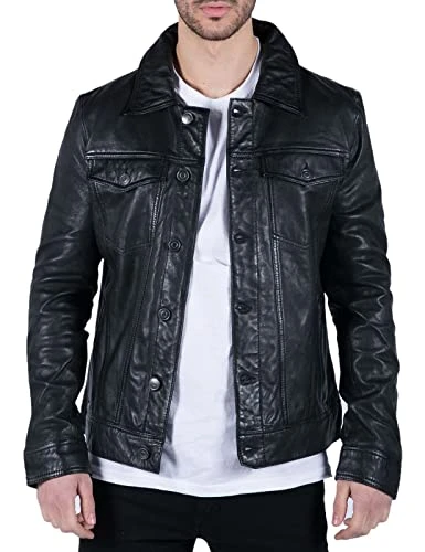 Mens Black Real Leather Vintage Soft Jacket Short Jeans Style Classic Stud - Black M