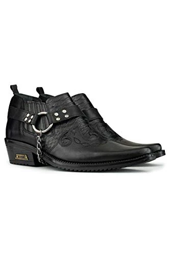 Mens Black Real Leather Wincklepickers Snake Pattern Cowboy Riding Western Shoes with Cuban Heel and Leather Chain 10