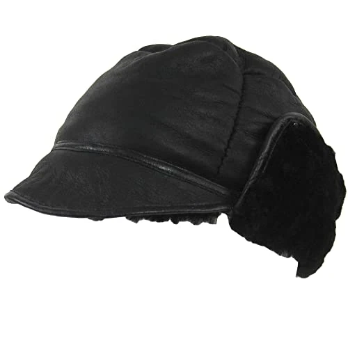 Mens Black Real Sheepskin Stud Trapper Hat. Leather Bound with Single Top Panel. (Large - 62cm)