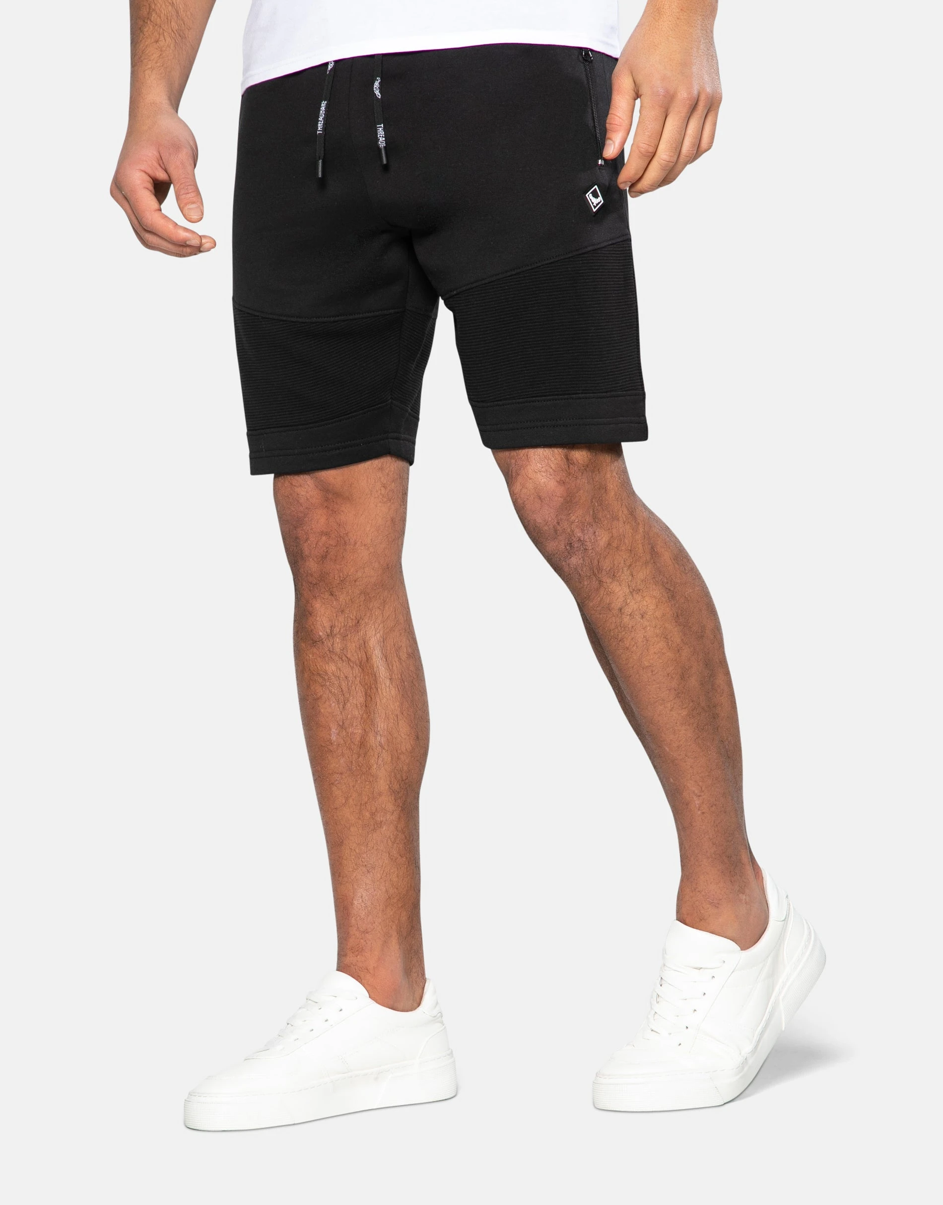 Men's Black Ribbed Panel Fleece Shorts