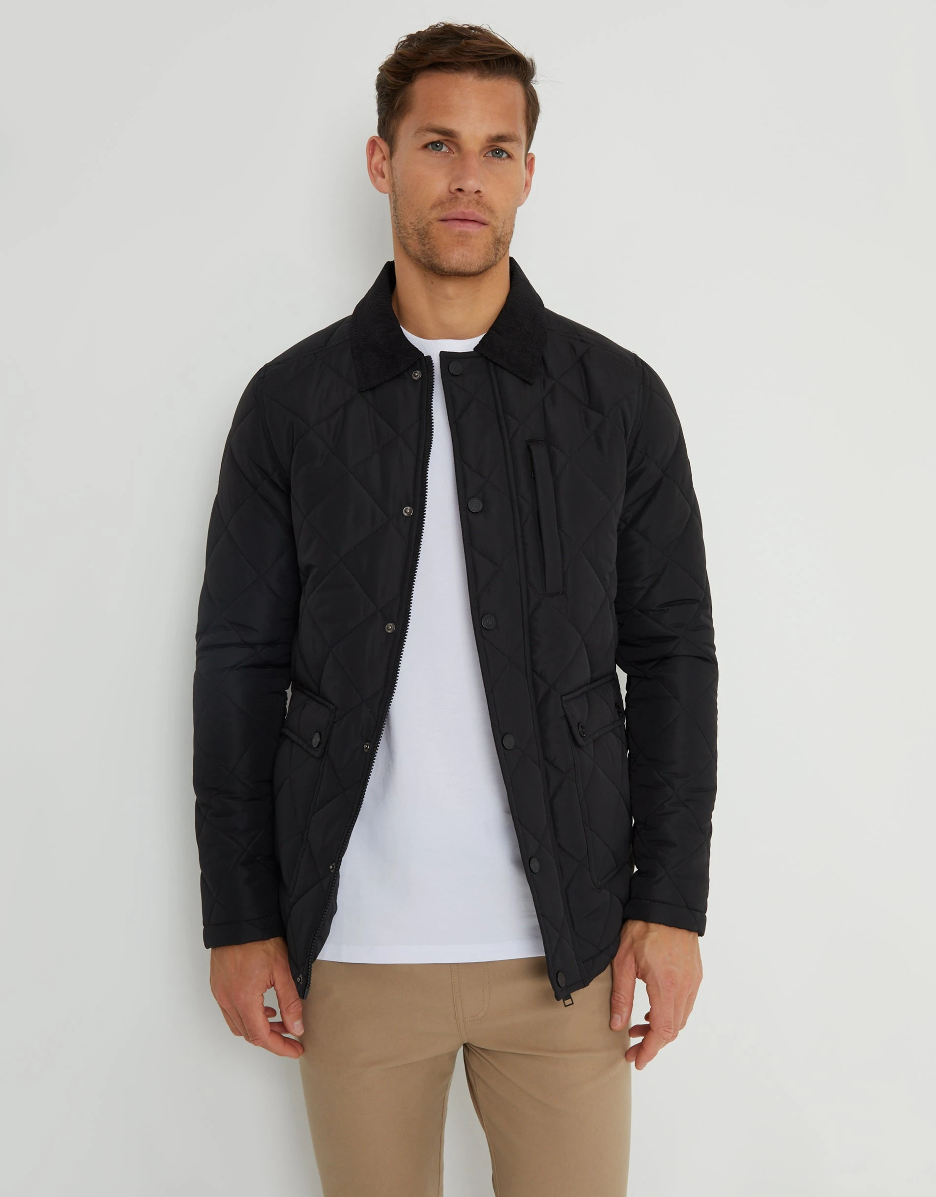 Men's Black Showerproof Diamond Quilted Collared Jacket