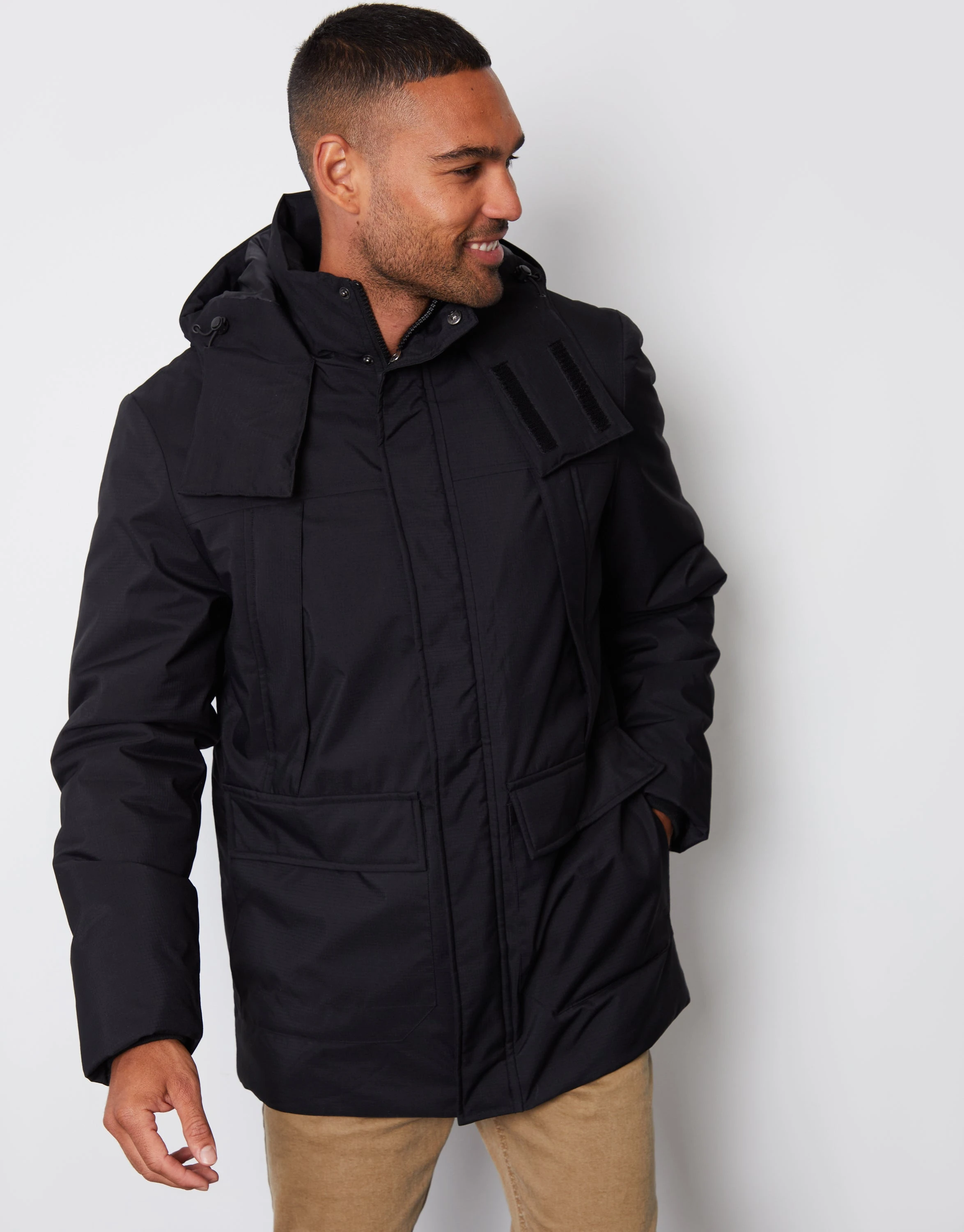 Men's Black Showerproof Patch Pocket Padded Hooded Coat