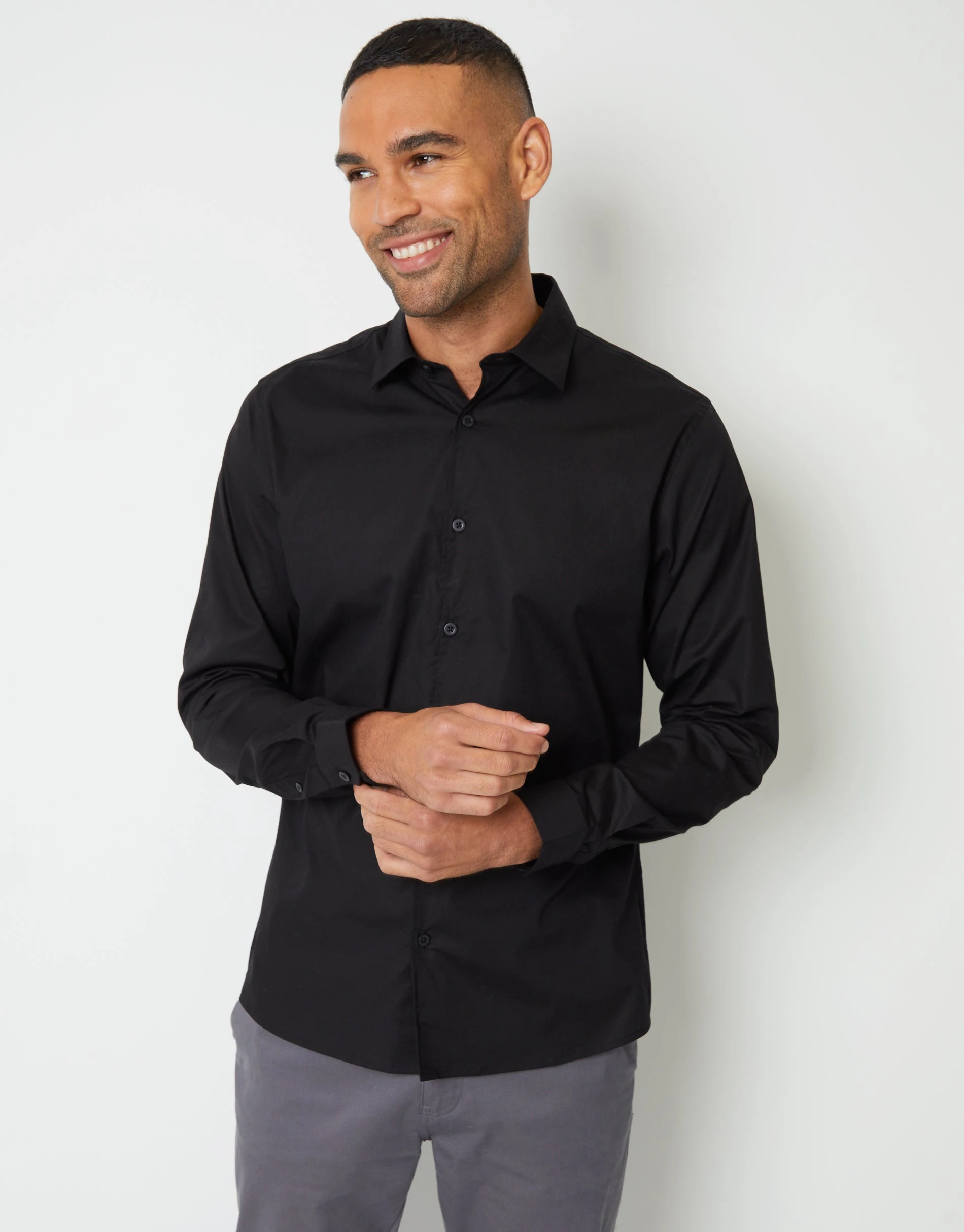 Men's Black Stretch Cotton Poplin Slim Fit Long Sleeve Shirt