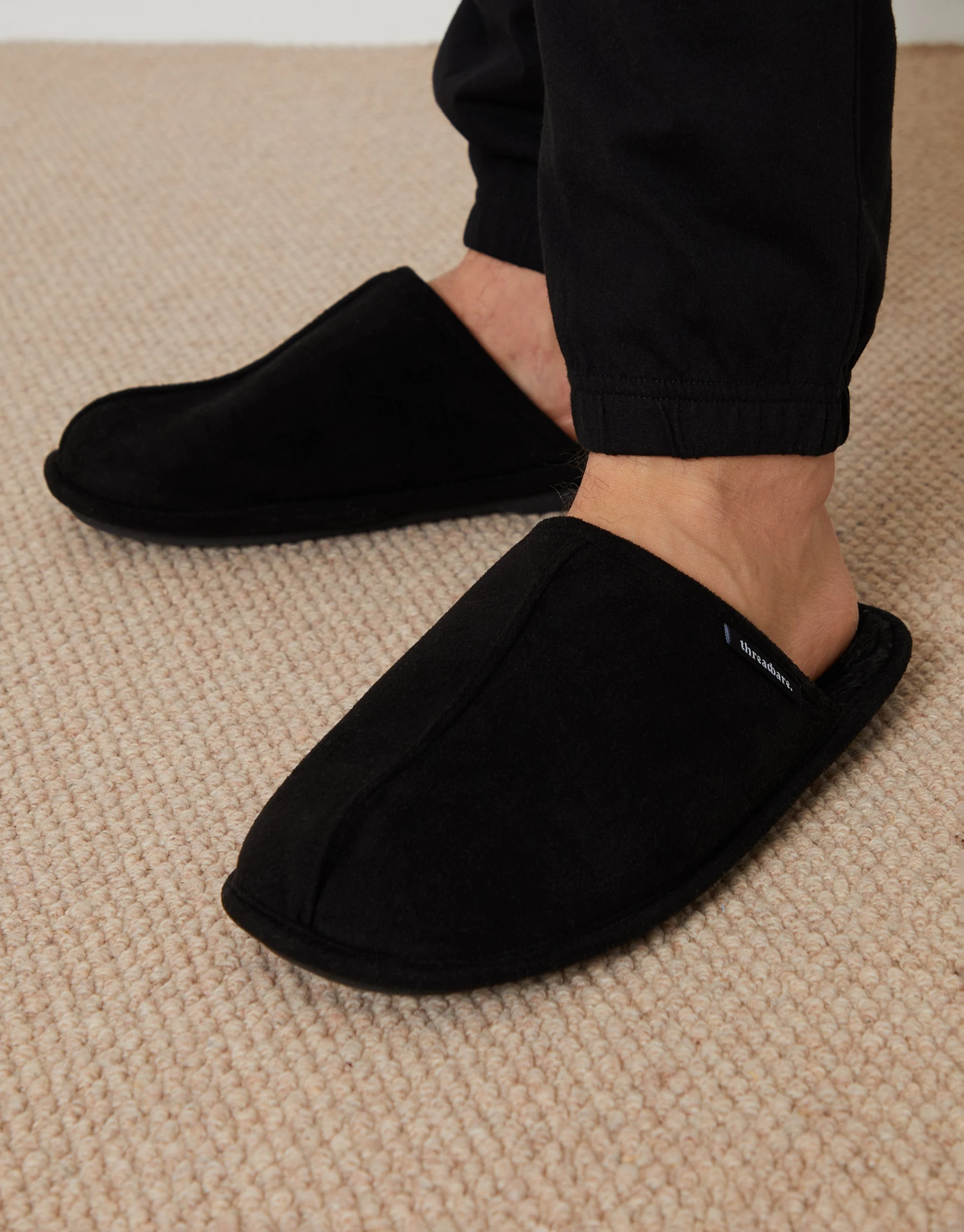 Men's Black Suedette Mule Slippers with Faux Fur Lining