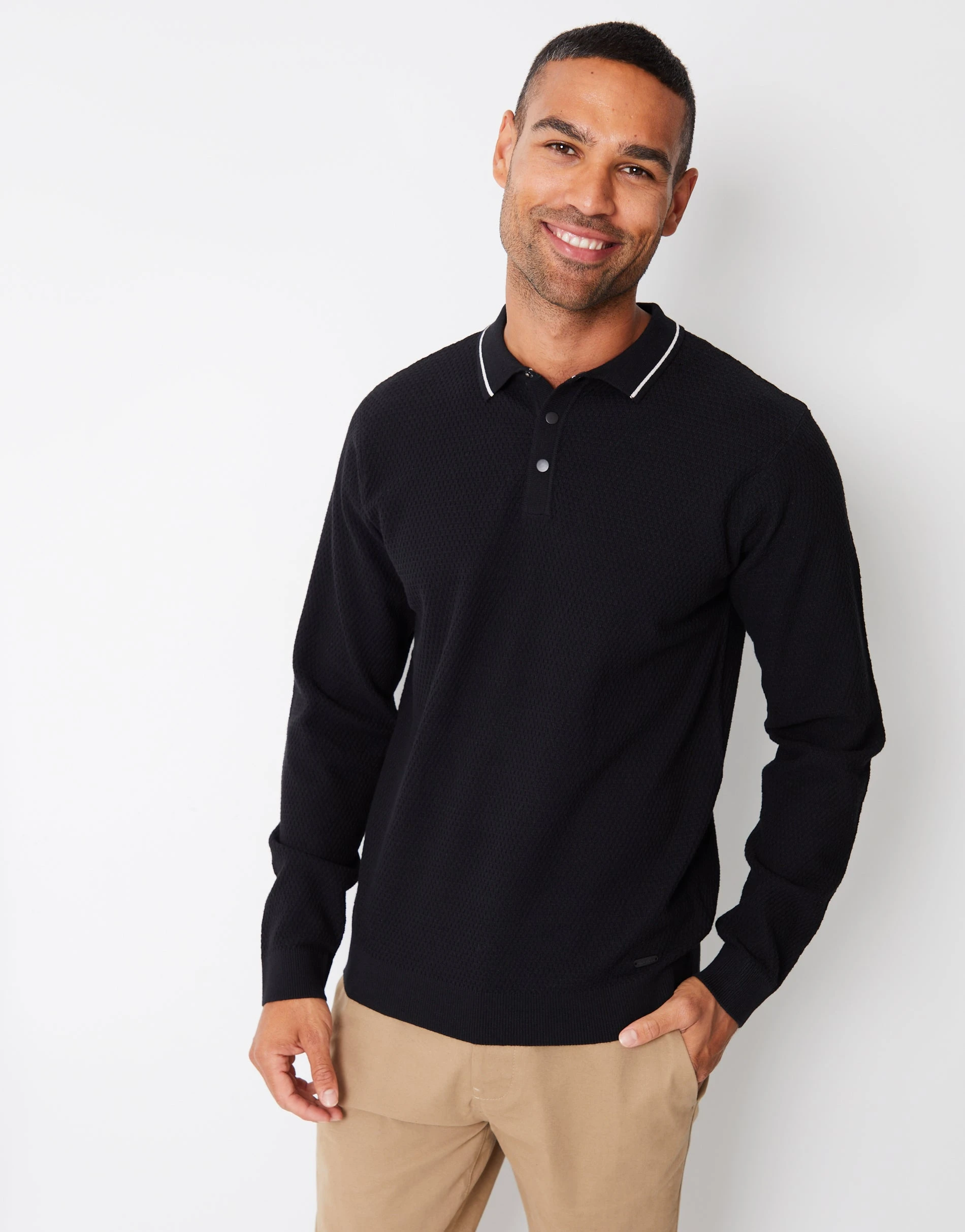 Men's Black Textured Knitted Long Sleeve Polo Jumper