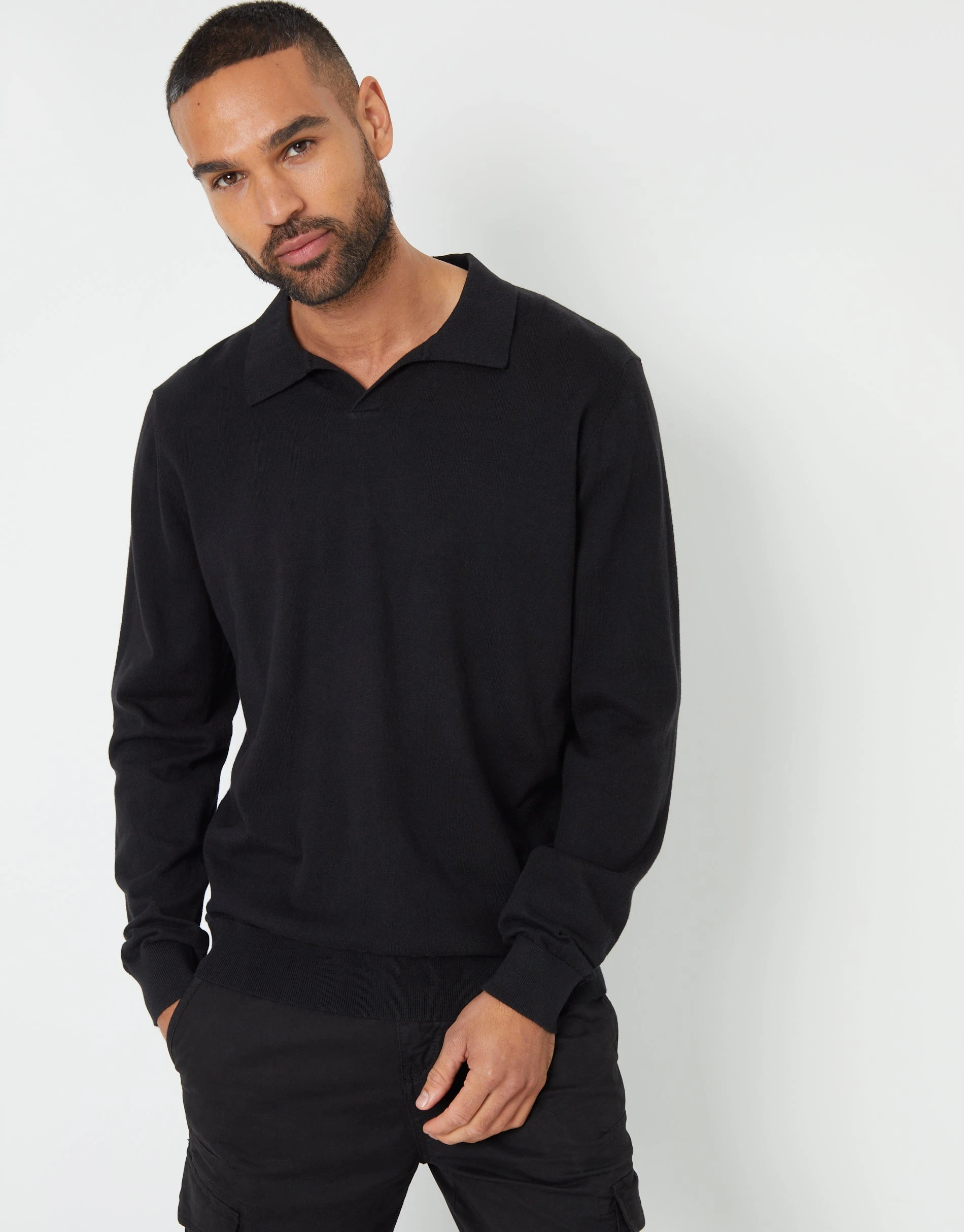 Men's Black Trophy Neck Knitted Long Sleeve Polo