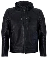 Men's Black Vintage Retro Casual Zipped 100% Leather Hooded Bomber Biker Jacket 4XL
