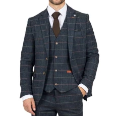 Men's Blazer Navy Blue Checked Herringbone Tweed Sport Coat Plaid Tailored Fit - Navy 44