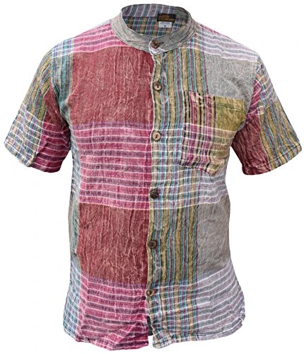 Men's Block Check Cotton Short Sleeve Full Button Patchwork Summer Shirt XL