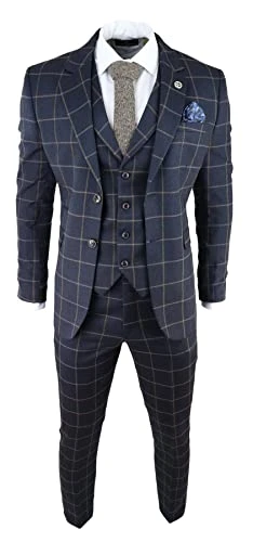 Mens Blue 3 Piece Suit Tan Check Classic Wedding Prom Peaky Tweed Vintage - Navy 40