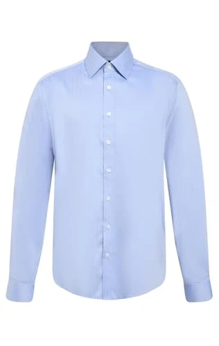 Mens Blue Easy Care Shirt Regular Fit 100% Cotton Long Sleeve Herringbone Detail-15