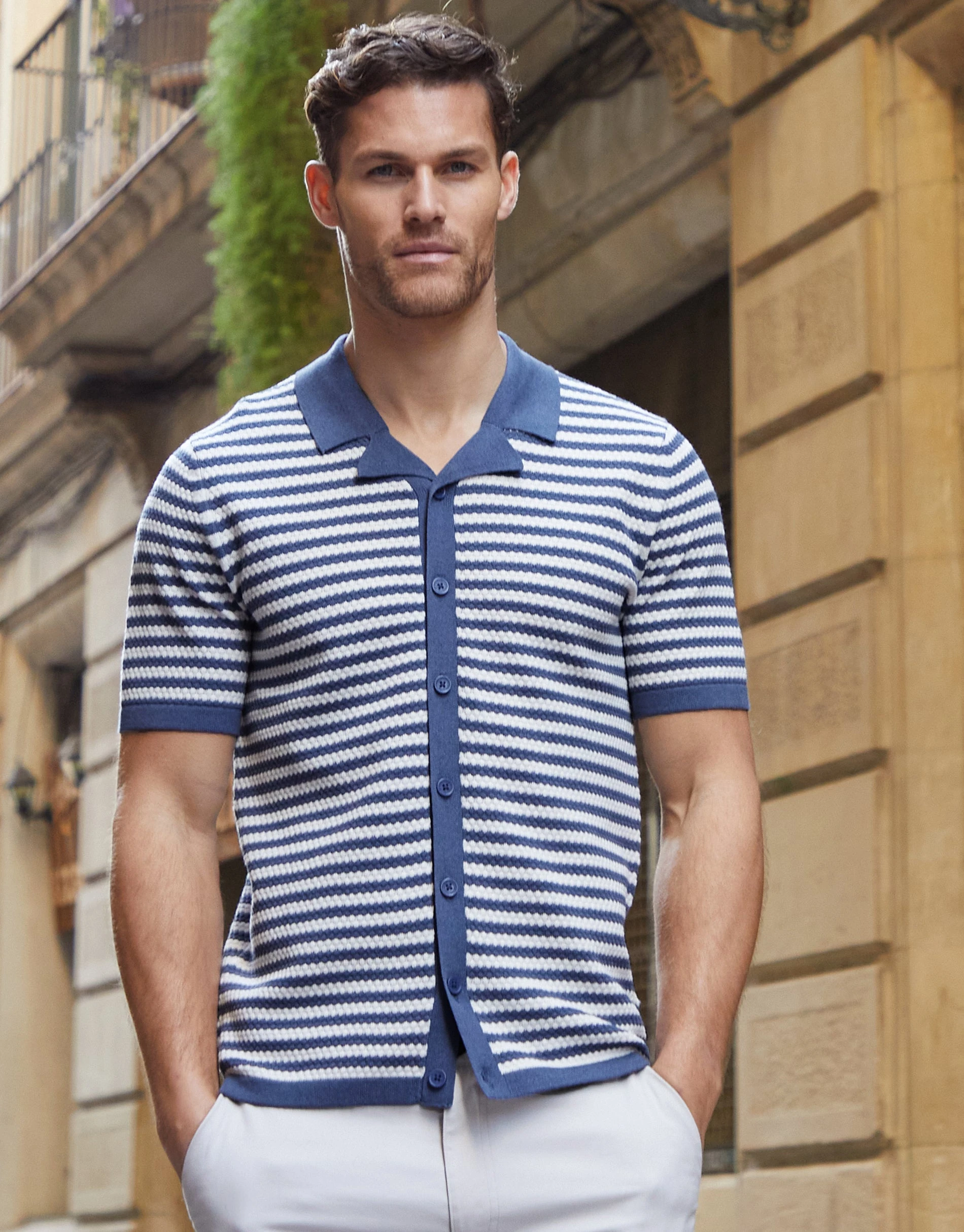 Men's Blue & Ecru Revere Collar Striped Knitted Shirt