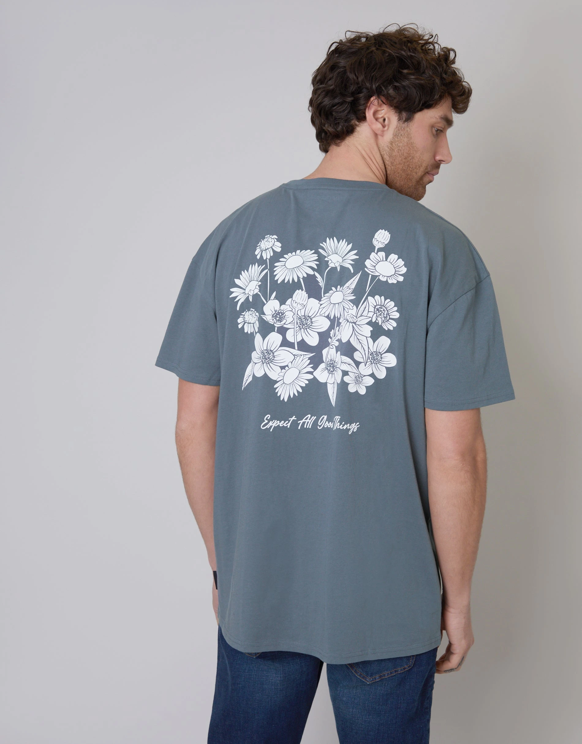 Men's Blue Grey Floral Graphic Print Oversized T-Shirt