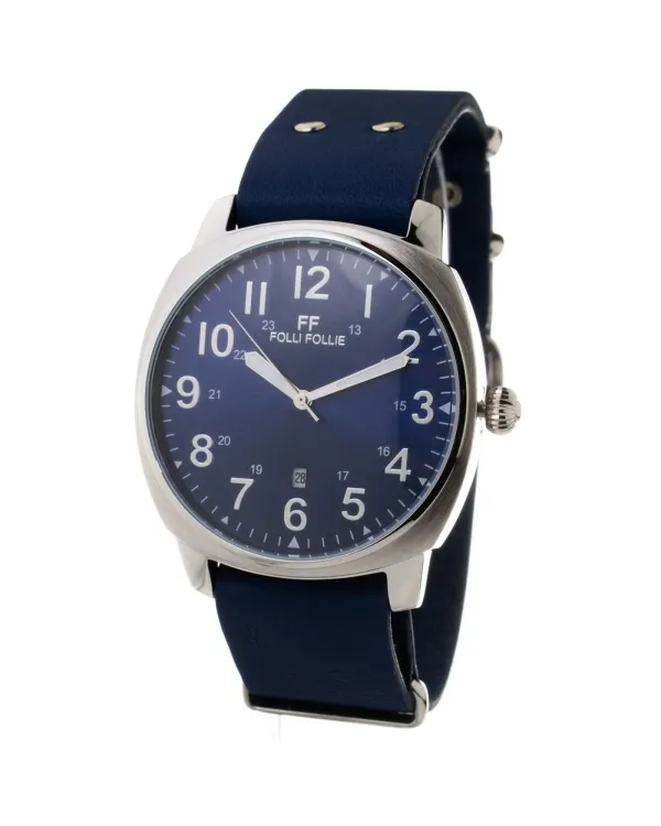 Mens Blue Stainless Steel Quartz Leather Bracelet Watch