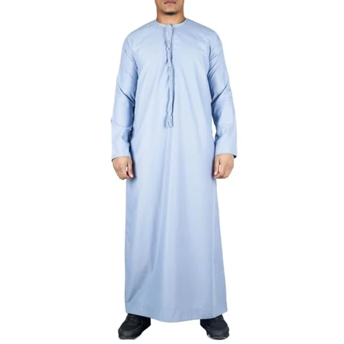 Men's Blue Thobe Emirati Islamic Jubba Robe Eid Tassel Regular Fit