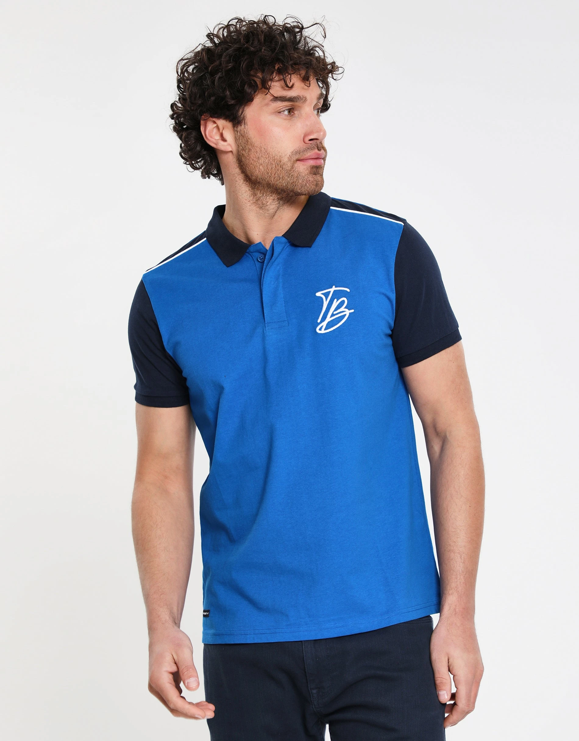 Men's Blue Tonal Logo Rib Collar Polo Shirt