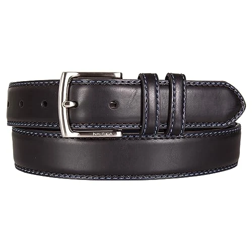 Men's Bold Fashion and Dress Leather Belt with Metal Buckle, Logo Inlay Double Keeper - Black, 40"