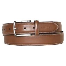 Men's Bold Fashion and Dress Leather Belt with Metal Buckle, Logo Inlay Double Stitch-Cognac, 97cm