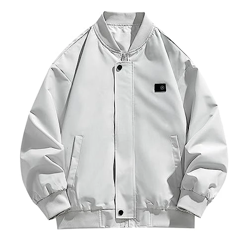 Mens Bomber Jacket Lightweight Casual Summer Sports Jackets Baseball Collar Cargo Outwear Jacket White
