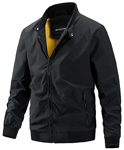 Mens Bomber Jacket Lightweight Windbreaker Transition Jacket Spring Autumn Stand-up Collar Coat Sports Jacket Cargo Outwear Black 3XL