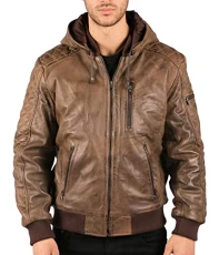 Men's Bomber Jacket Outwear Windproof Winter Distressed Real Leather Jackets Coat Hood - Brown XL