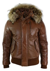 Men's Bomber Jacket Outwear Windproof Winter Puffer Real Leather Jackets Coat Fur Hood - Tan M