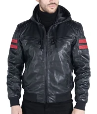 Men's Bomber Jacket Outwear Windproof Winter Real Leather Jackets Coat Quilted Hood - Black L