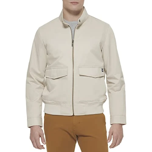 Men's Bomber Jacket with Snap Racer Collar, Khaki, XL