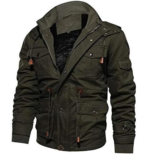 Mens Bomber Jackets Winter Thick Casual Coat Multi-Pocket Button Military Jacket