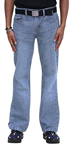 Men's Bootcut Jeans – Straight Leg Regular Fit Denim Trousers, Zip Fly, Flared Stretch Bell Bottom with Multiple Pockets & Free Belt Boot Cut Jeans for Men UK Stone Wash 36W / 34L
