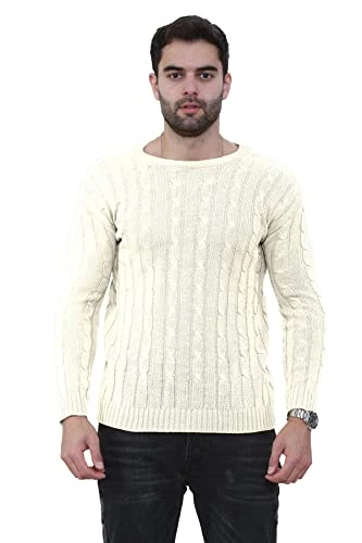 Mens Boys Cable Knitted Crew Neck Jumper Long Sleeve Casual Winter Warm Sweater Pullover Top Cream