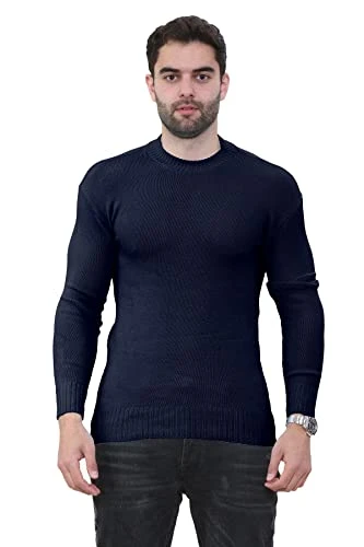 Mens Boys Crew Neck Knitted Jumper Long Sleeve Casual Winter Warm Sweater Formal Pullover Top Navy