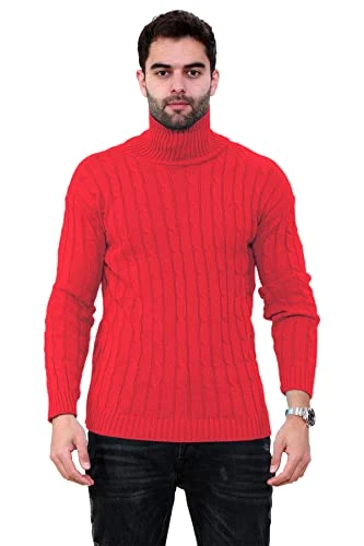 Mens Boys Mens Cable Knitted Turtle Polo Neck Jumper Casual Winter Warm Sweater Pullover Red