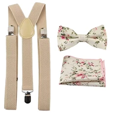 Men's Braces (Cream Beige) with Luxury Cotton Blend Pre-Tied and Adjustable Bow Tie & Pocket Square