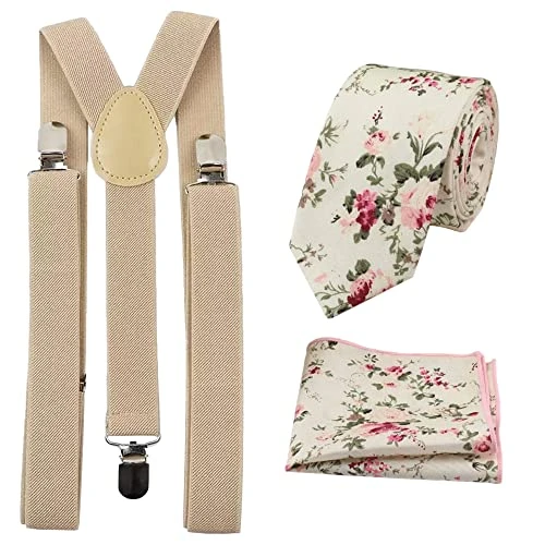 Men's Braces (Cream Beige) with Luxury Cotton Blend Skinny Tie & Pocket Square Set (Cr