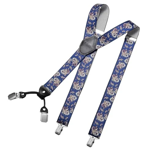 Mens Braces Suspenders 3,5 cm 1,38" Wide 4 Clips with Leather in Y-Form Elasticated and Adjustable Length - Paisley blue