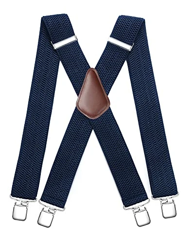 Men's Braces with Very Strong 4 Clips Navy Blue 50 MM Wide Heavy Duty Suspenders X Style Adjustable Elastic Suspender