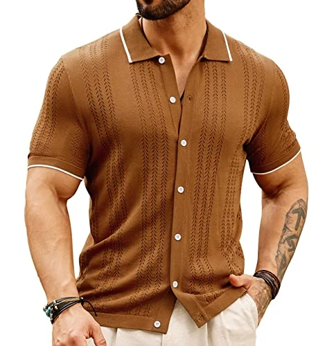 Men's Breathable Knit Polo Shirt Hollow Out Button Down Cardigan, Coffee, Large