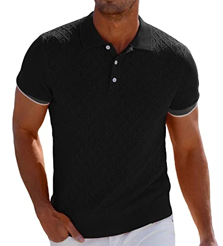 Mens Breathable Polo Shirts Short Sleeve Lightweight Knit Texture Golf Shirts Tops, Black, XL