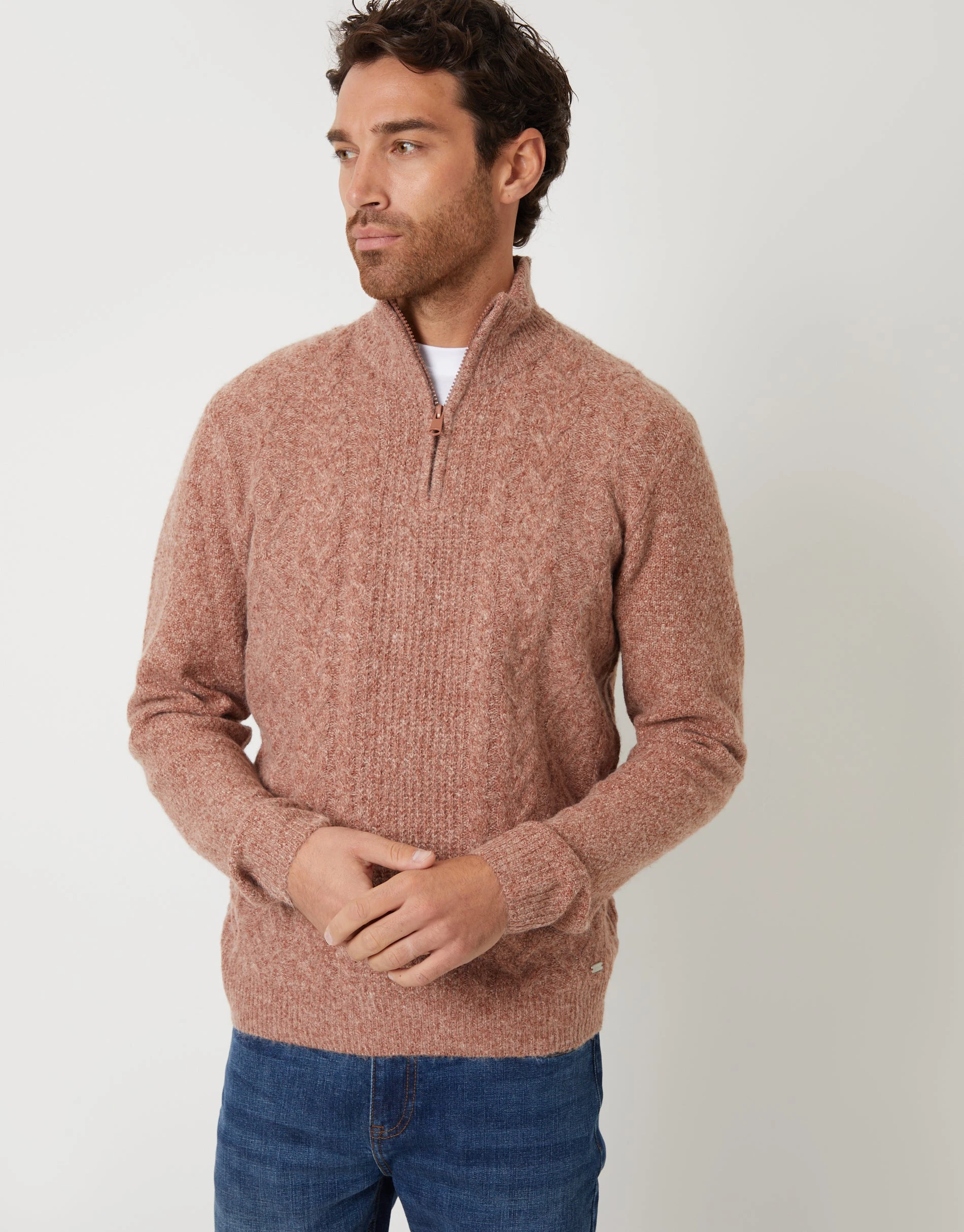 Men's Brown Cable Knit Detail Quarter Zip Jumper