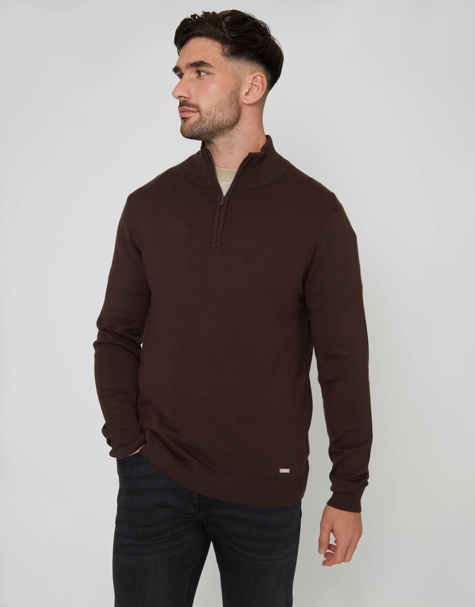 Men's Brown Funnel Neck Quarter Zip Knitted Jumper