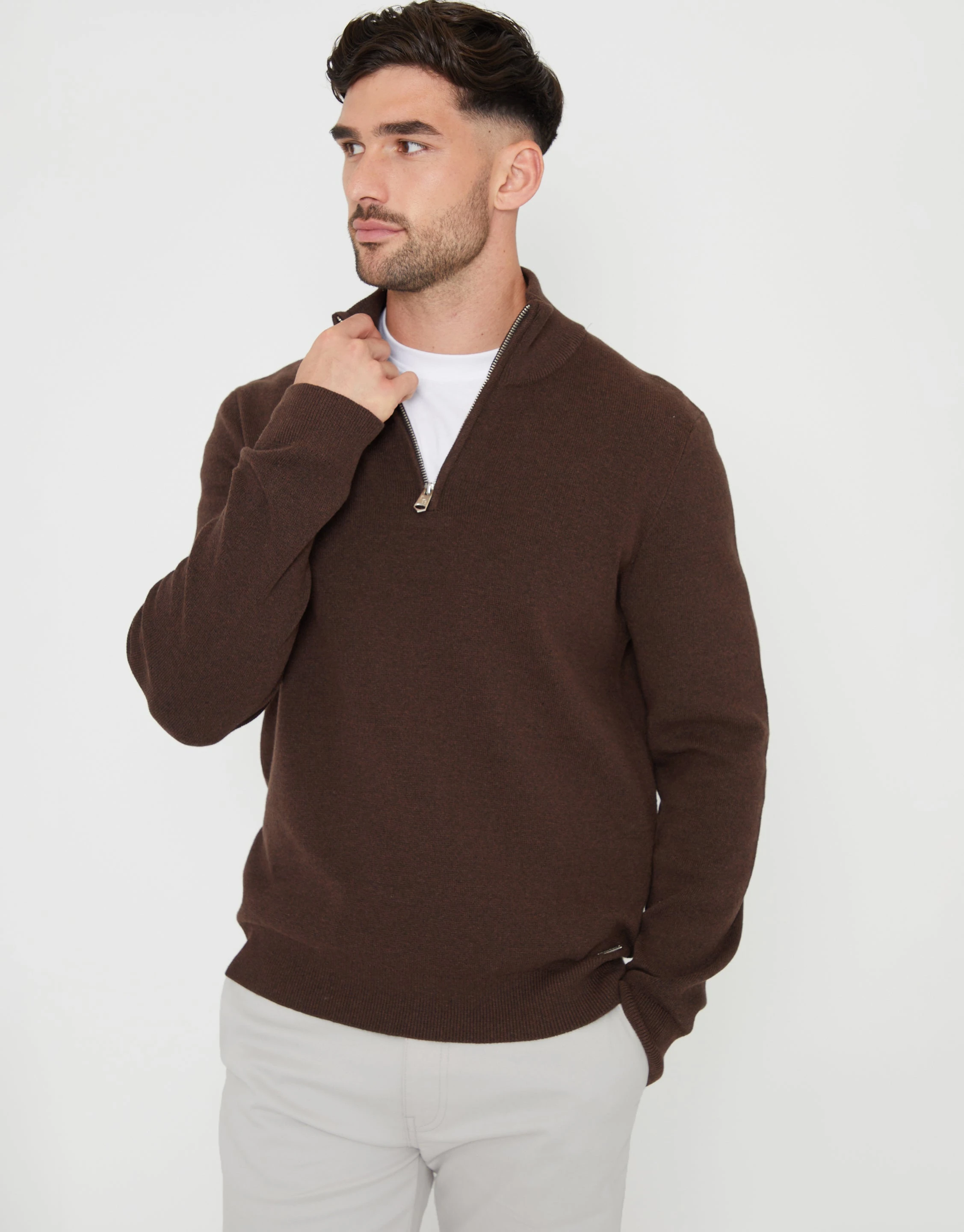 Men's Brown Knitted Quarter Zip Jumper