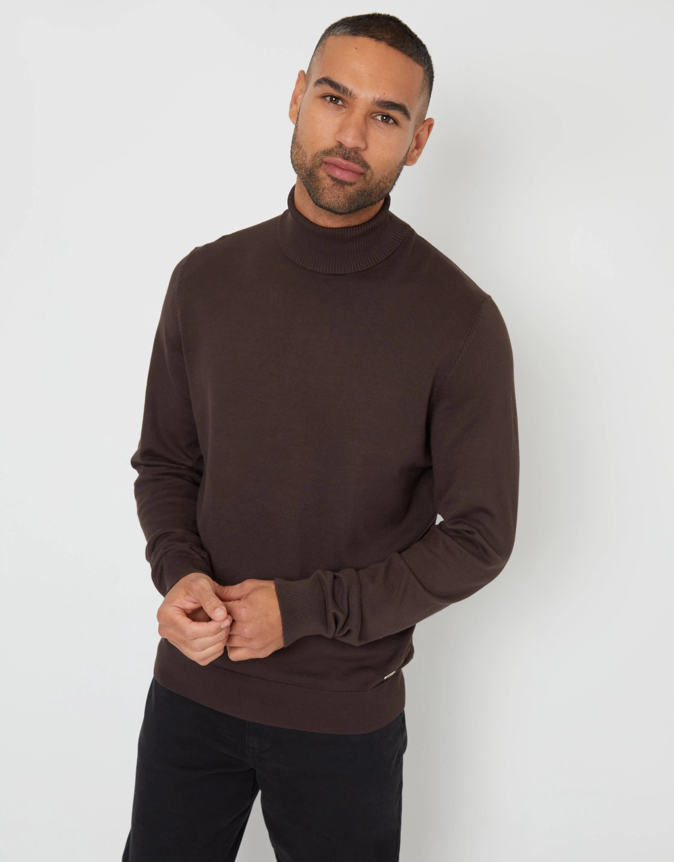 Men's Brown Knitted Roll Neck Jumper