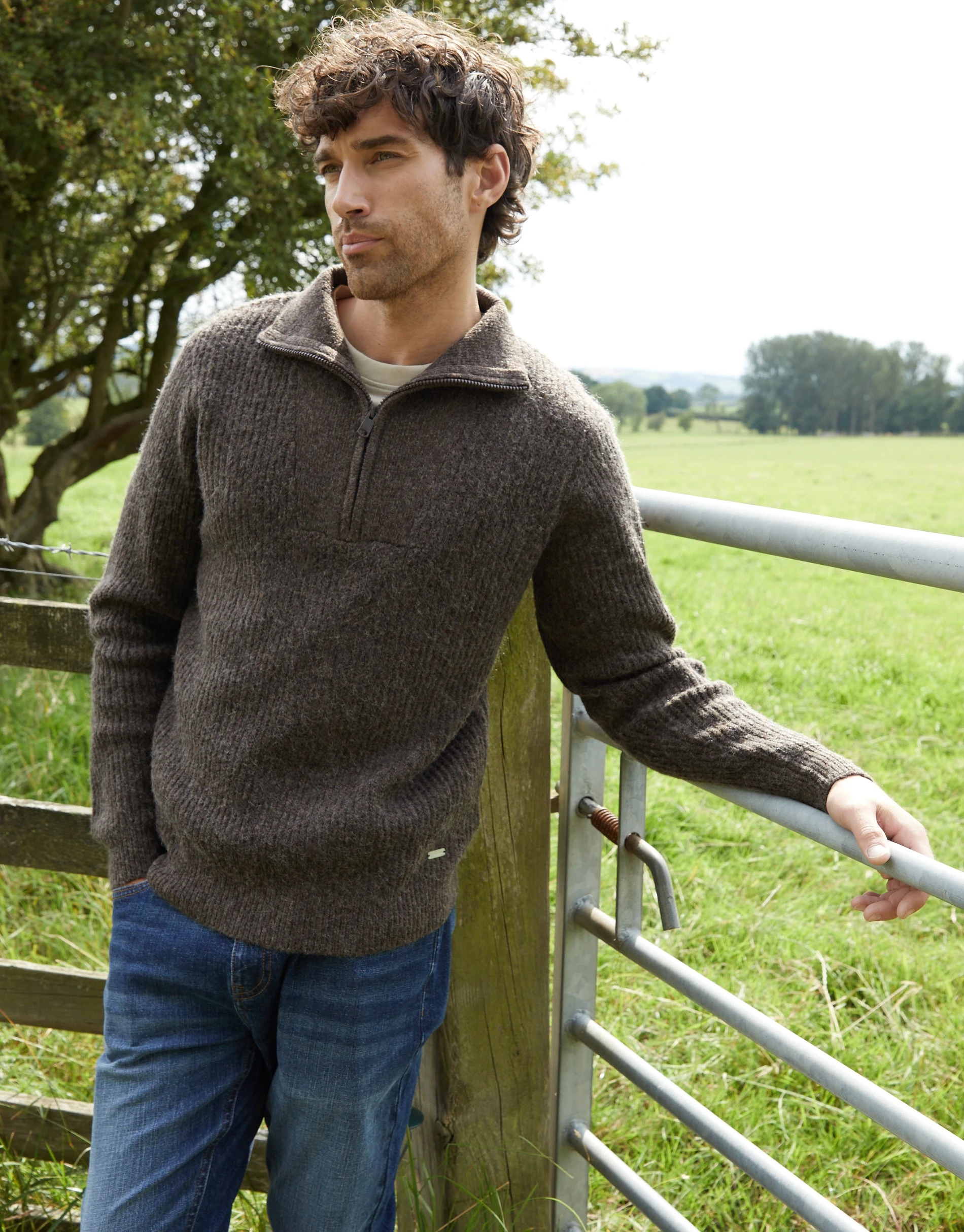 Men's Brown Marl Knitted Quarter Zip Jumper