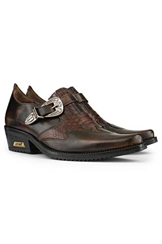 Mens Brown Real Leather Wincklepickers Snake Pattern Cowboy Riding Western Shoes with Cuban Heel and Buckle Fastening 10