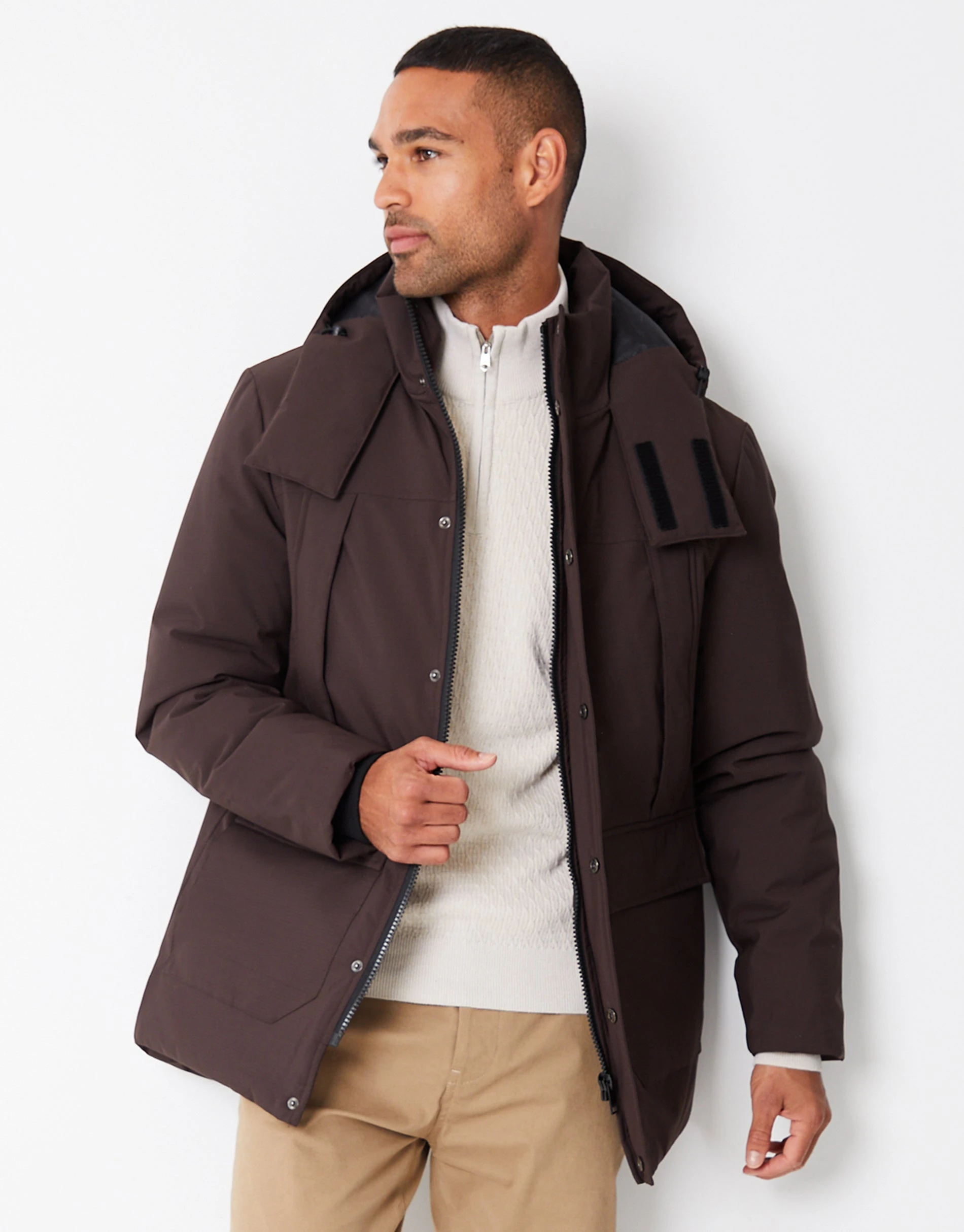 Men's Brown Showerproof Patch Pocket Padded Hooded Coat